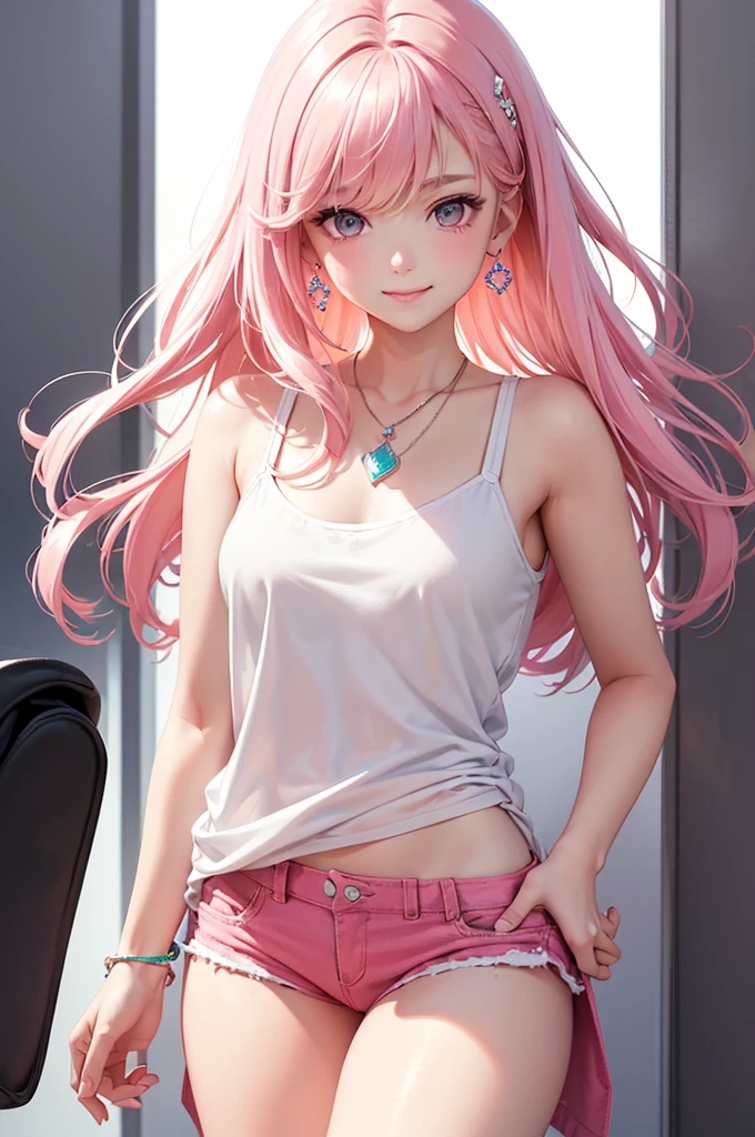 Best Quality,High resolution,8k,(plain white background, no patterns, no textures, just a plain white background:1.3),Masterpiece:1.2),beautiful girl,Shiny pink hair,messy hair,Pink eyes,oversized graphic tank top, paired with pre-ripped jeans, colorful cotton fabric with a subtle pattern, casual sneakers with a pop of color, Accessories include a playful pendant necklace and colorful stud earrings,Gentle look,A refreshing look,smile,Best quality,Best Quality,Aesthetic and aesthetic:1.2,Best details((Super detailed))(High-definition CG illustrations),Slender body,smile,blush,cute,Scrounge,Looking up,Being spoiled,super model