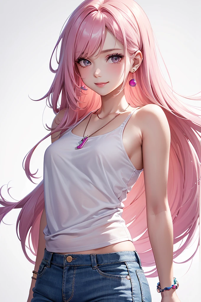 Best Quality,High resolution,8k,(plain white background, no patterns, no textures, just a plain white background:1.3),Masterpiece:1.2),beautiful girl,Shiny pink hair,messy hair,Pink eyes,oversized graphic tank top, paired with pre-ripped jeans, colorful cotton fabric with a subtle pattern, casual sneakers with a pop of color, Accessories include a playful pendant necklace and colorful stud earrings,Gentle look,A refreshing look,smile,Best quality,Best Quality,Aesthetic and aesthetic:1.2,Best details((Super detailed))(High-definition CG illustrations),Slender body,smile,blush,cute,Scrounge,Looking up,Being spoiled,super model