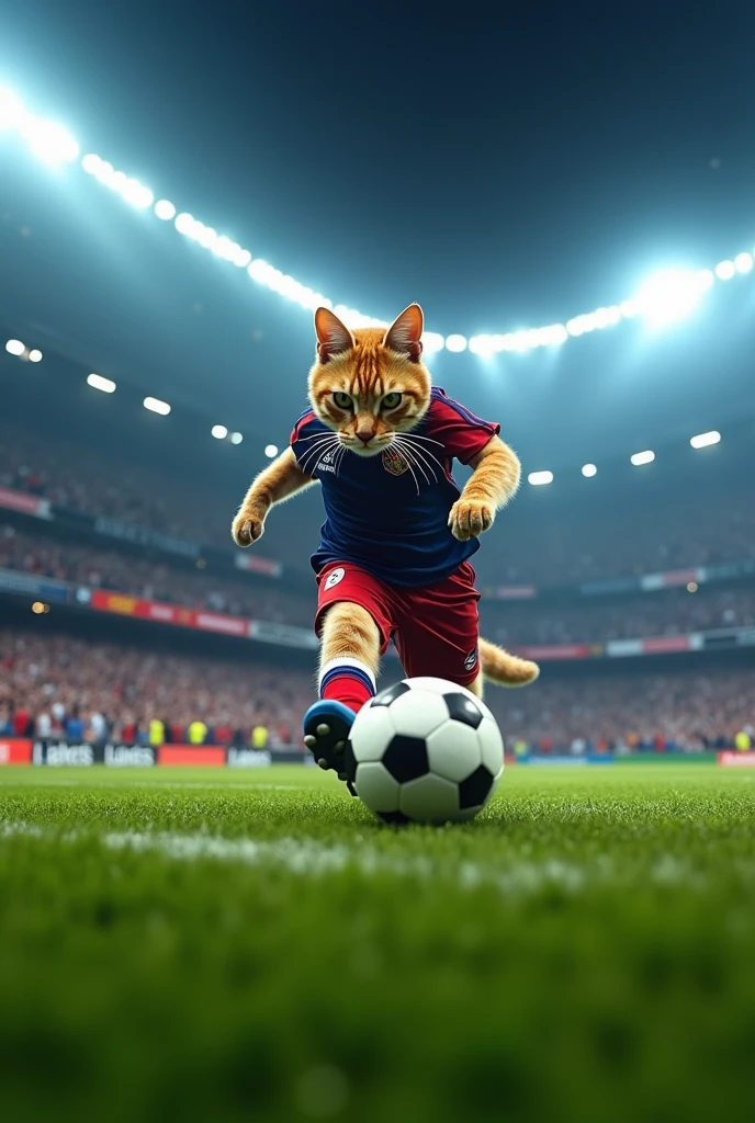 A large football stadium filled with cheering fans. The footballer cat, in a sports jersey and cleats, dribbles a football skillfully across the field. The cat’s eyes are focused, and muscles tense as it prepares to score a goal, with the crowd going wild.