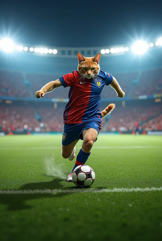A large football stadium filled with cheering fans. The footballer cat, in a sports jersey and cleats, dribbles a football skillfully across the field. The cat’s eyes are focused, and muscles tense as it prepares to score a goal, with the crowd going wild.