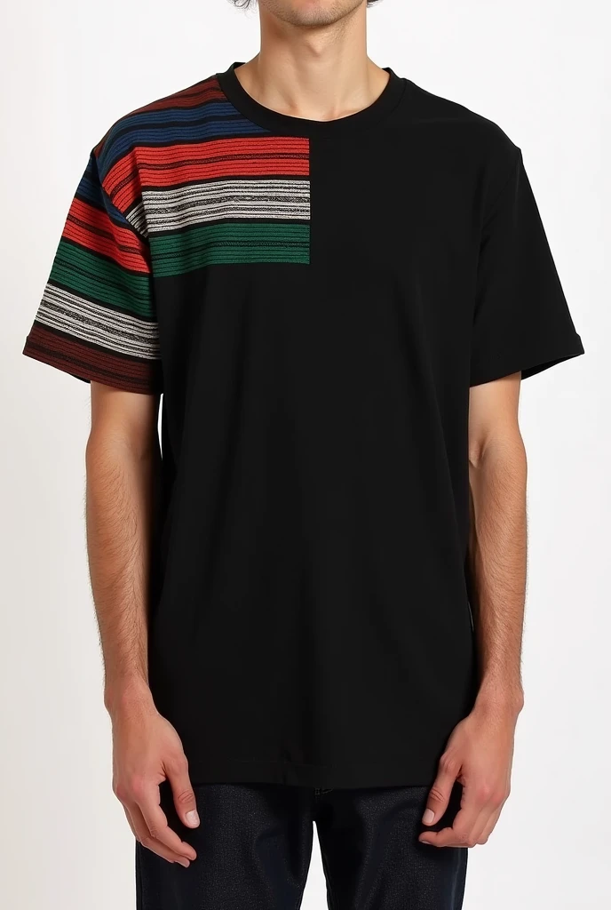 Create a graphic image of I want to create a t shirt minimalist styled inspired from balochi chadar (chader means sheet which is completely black and have other colours in it colours are in straight line and the colours are red,green,blue, white,maroon ,sunny like orange, make it printed on t shirt sleeve left hand side