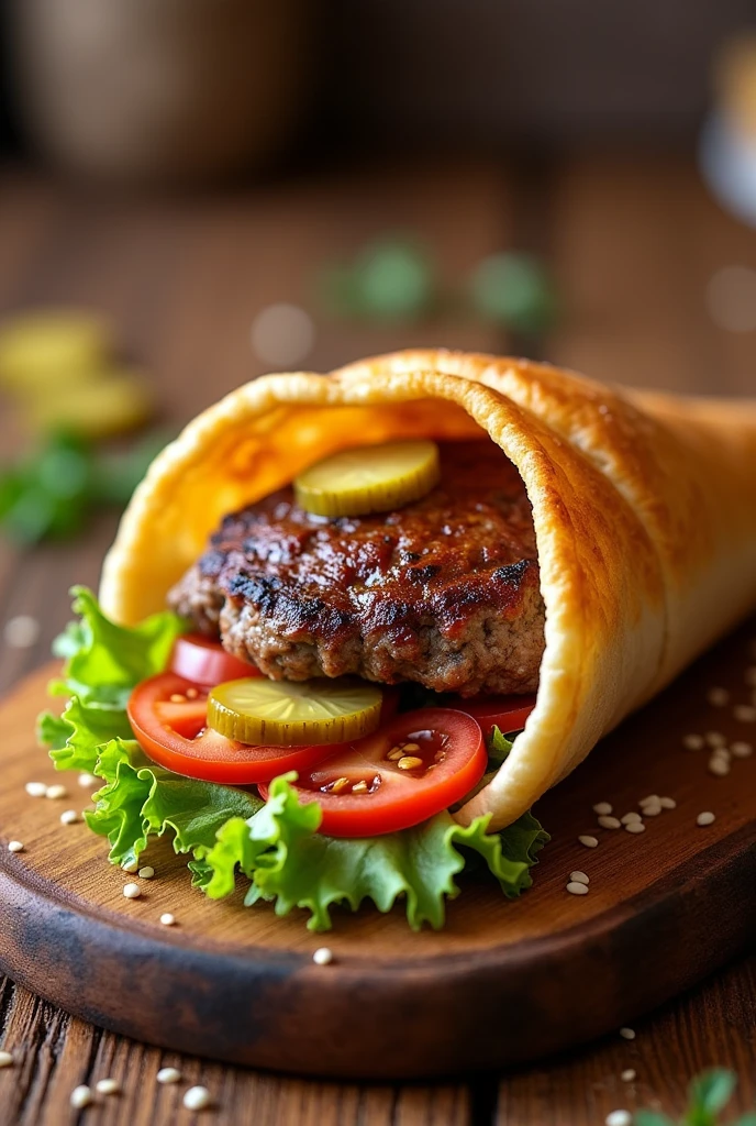 Bread cone stuffed with hamburger meat and salad