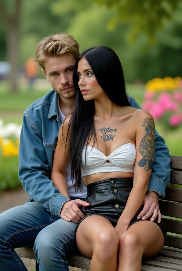 Magnificent detail, 8K Photos, hyper- realism, realistic background, visual depth, wide angle lens, professional light. front view {a couple of a beautiful 23 year old woman, brunette, Bblack hair, white-skinned, with 2 tattoos sitting on a bench in a square, being hugged by her blonde boyfriend. She has a tattoo on her chest that says ["Slave of BBC"] and another hotwife symbol tattoo (The black spade suit with a "q" white within the suit) on the arm}. {She wears a leather mini skirt and a white strapless top.} {The spade suit is black and has a "q" white inside the symbol} {the woman has a beautiful curvy body, muscular legs, breasts small.} The setting is a public park. The man wears jeans and a blue shirt. The woman does not reciprocate the affection, bored expression, Looking in another direction