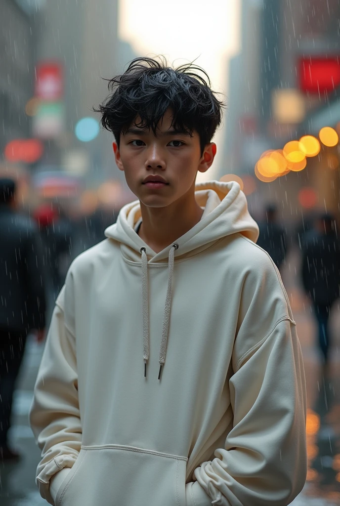 He was a realistic boy with American features of 18, very light skin, black hair and gray eyes., His white sweatshirt was soaked and exposed his muscular body., 