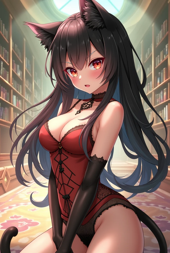 ((best quality)), ((masterpiece)), (detailed), ((highres)), In lavish manor library, extremely long black hair. Fluffy black cat ears. Long black cat tail on butt, 1catgirl, 20 year old, curvy body, dominant pose, snickering, naked. Heterochromatic eyes, one red eye, one gold eye. No shoes, black fishnets, nude, no clothes, anime, short, provocative