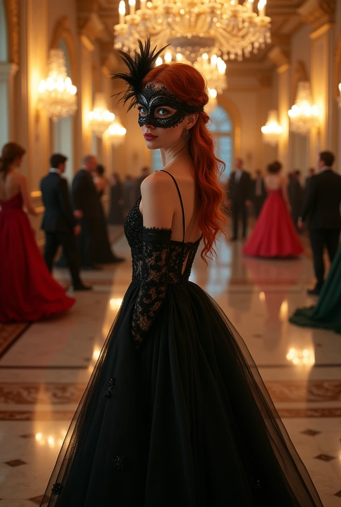 Redhead woman in black ball gown and mask, fully body