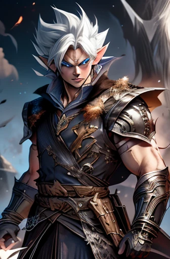 Half-Elf, DND 5e, Fighter/Wizard Multiclass, Gunslinger Subclass, White spiky hair, High quality, HD, Full-body, Male, Dual Pistols, magic bullets, eye patch, metal arm.