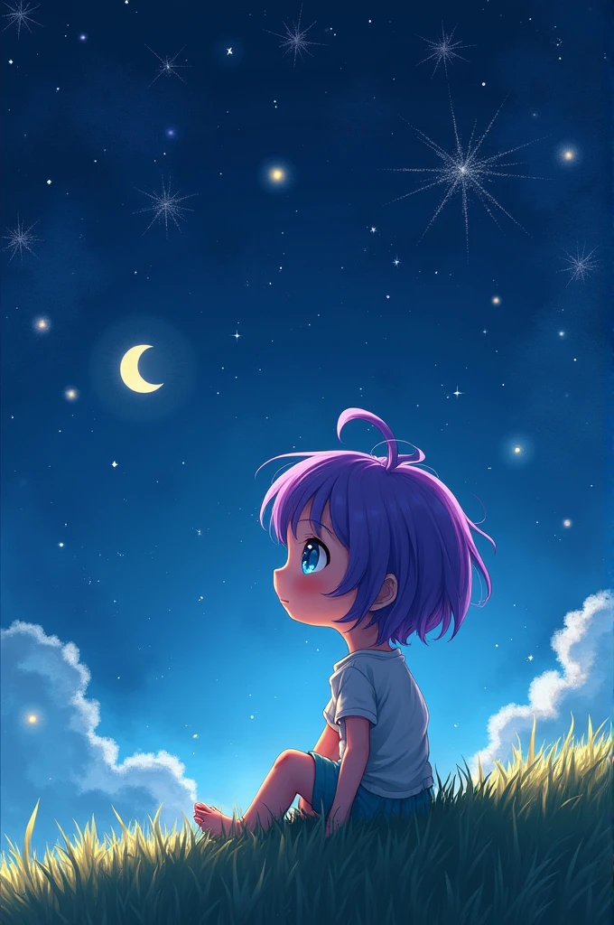 Purple haired and blue eyed girl with short hair, contemplating the sky and the stars