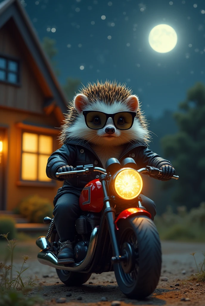 Hedgehog animal in a black jacket and sunglasses on a red motorcycle in the middle of the night outside a house