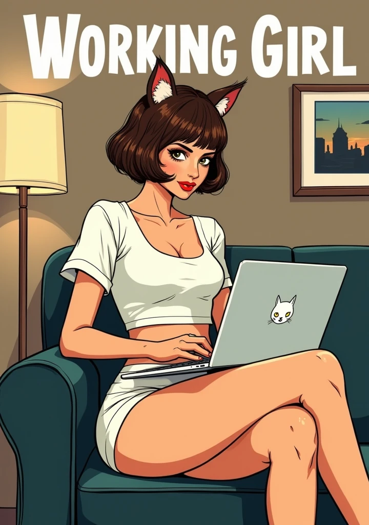 illustration of a beautiful and attractive woman with a cat-like face and cat ears, wearing a pink bikini, sitting with a laptop computer on her lap, her eyes focused on the screen, in a hotel room decorated with modern furniture. comic book illustration in muted colors like a 1920's comic strip