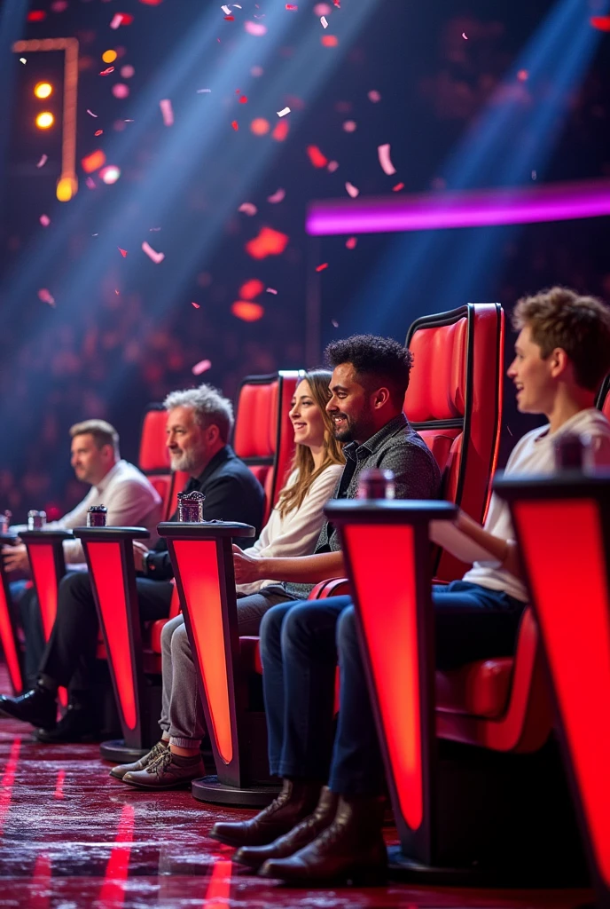The voice kids with 4 coaches Patrick Fiori Slimane Kendji girac Claudio Capéo in their red armchair 
