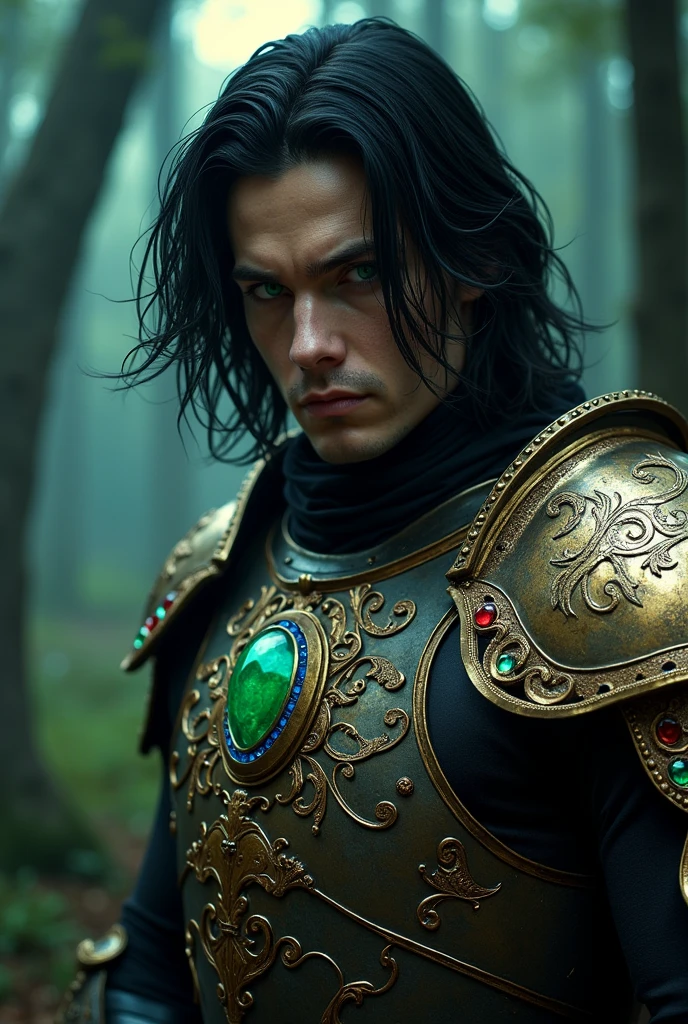Man with semi-long hair ,black as night ,green eyes ,Slim but muscular body ,very pale ,dressed in armor that has precious stones .