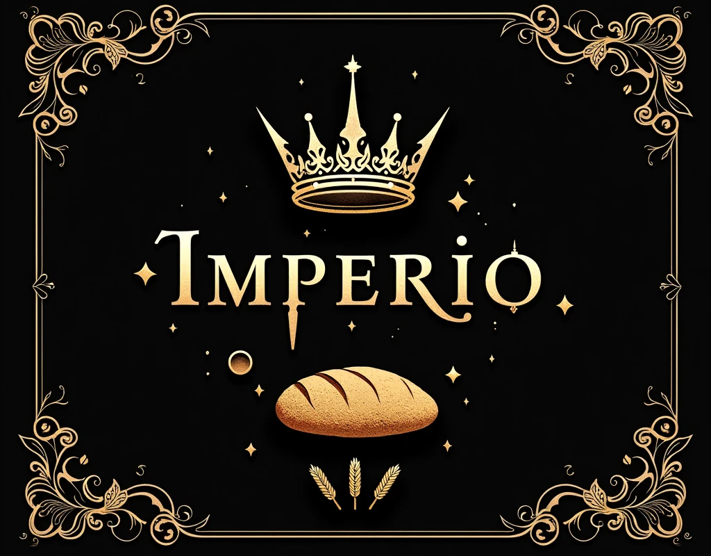 A fantasy-inspired bakery poster for "Imperio," using only black and gold. The design features a sleek, minimalist golden crown at the top center, symbolizing royalty and mystique. Below the crown, the name "Imperio" is written in elegant, slender serif font with delicate flourishes, all in deep, luxurious gold. Directly beneath the "Imperio" text, there's a stylized icon of a loaf of bread, also in gold, representing the bakery's core product. The edges of the poster are adorned with intricate black filigree patterns, adding a touch of elegance. Gold-embossed icons of bakery elements like wheat stalks and rolling pins are subtly integrated into the design. The background is a velvety black with gold accents, creating a magical, luxurious, and refined atmosphere.