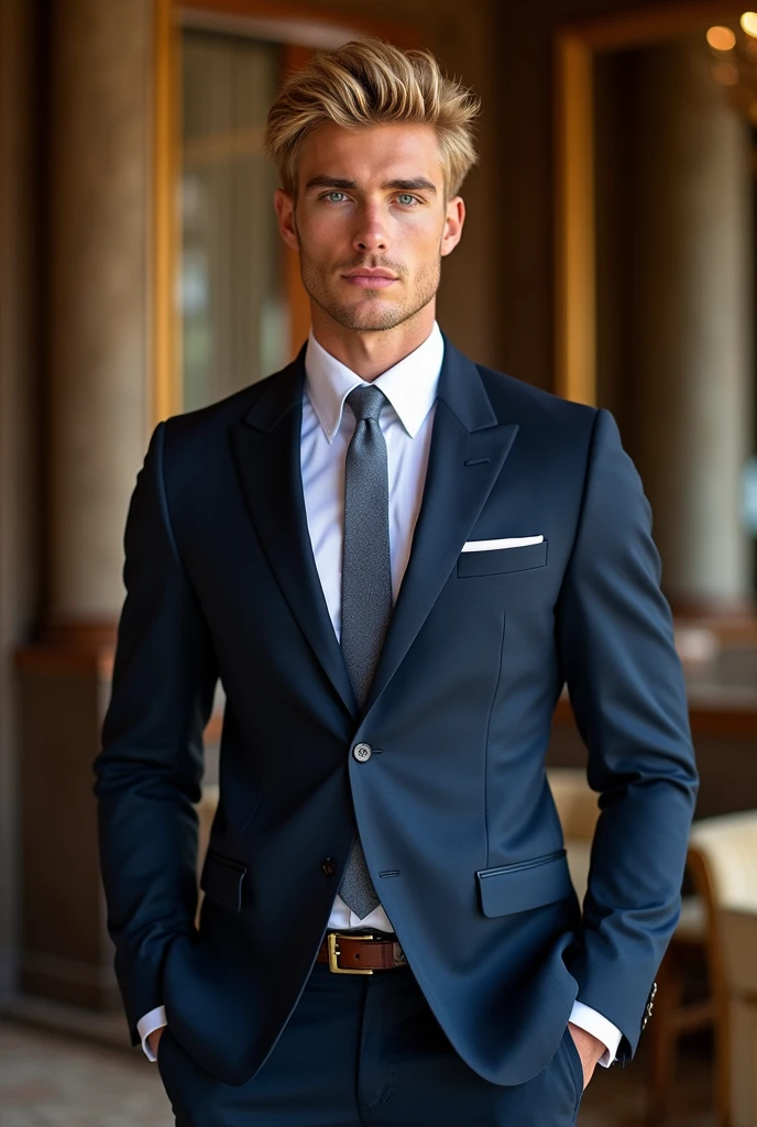 create a white man with beautiful blue eyes with blonde hair with old money style looking hot and is about 22 years old with muscles and looks in his masculine aura