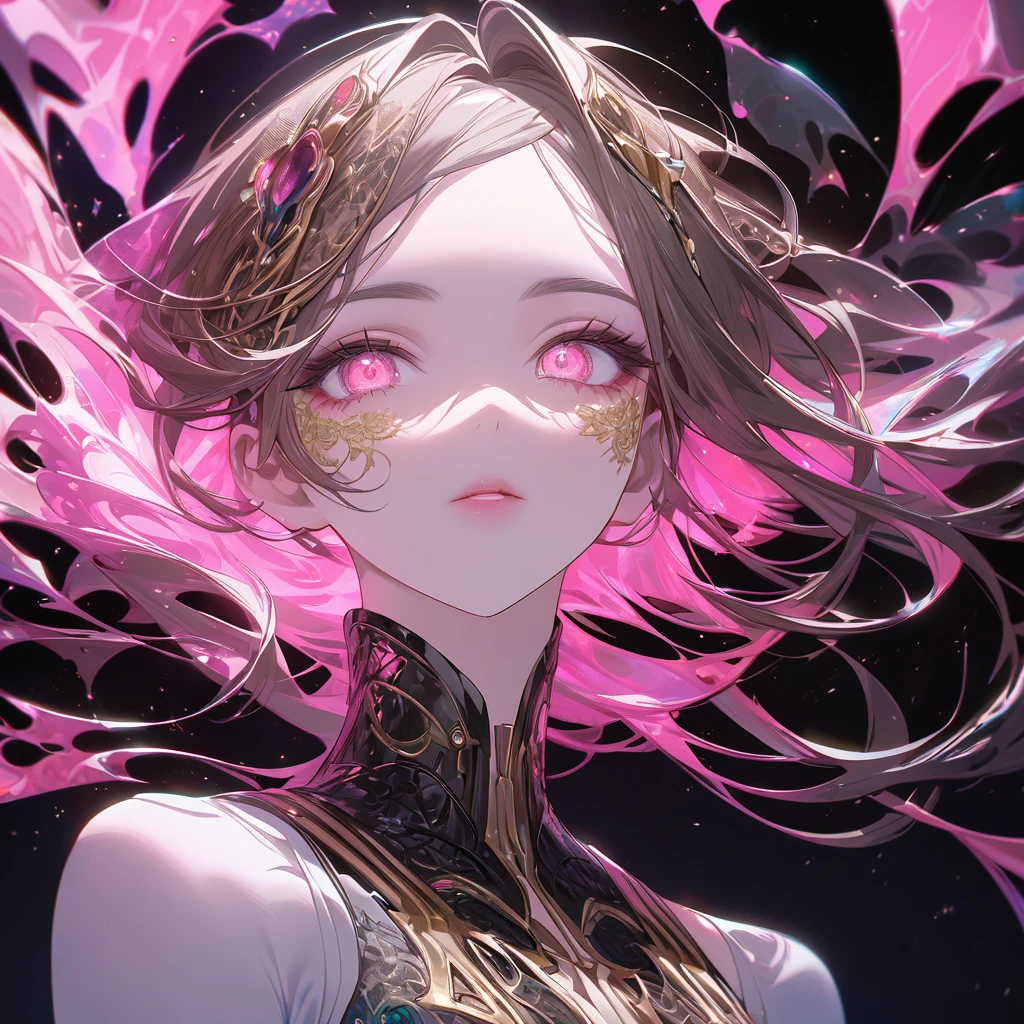 Highly detailed, glossy photo of a stunning portrait, showcasing a vibrant, electric pink aura radiating from the subject's core, with subtle, shimmering gold accents that resemble intricate filigree patterns, reminiscent of the styles of Android Jones, Januz Miralles, and Hikari Shimoda. The aura is composed of thousands of glowing, microscopic stardust particles, evoking a sense of cosmic wonder, à la W. Ze. The portrait subject's facial features are delicate, with smooth, porcelain-like skin and subtle, warm undertones. The eyes are bright, shining with an otherworldly intensity, surrounded by a latticework of fine, organic tracery that adds depth and dimension to the overall piece. The portrait is set against a deep, velvety black background, allowing the vibrant colors to pop with dramatic effect. The overall style blends futuristic, cyberpunk elements with traditional, ornate motifs, creating a truly unique and captivating visual experience.
