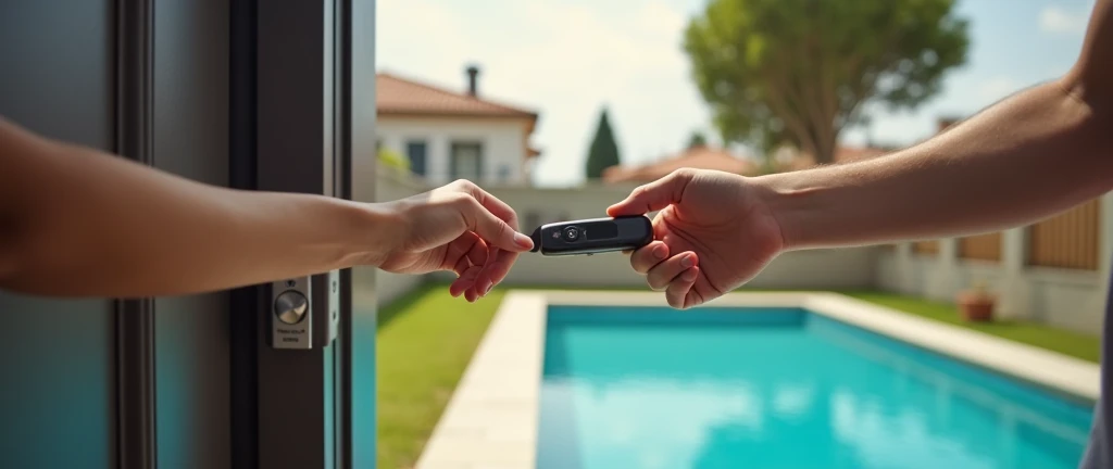 a young couple, by passing an RFID Proximity key fob on a reader on the left side of the door, To open the fence of a swimming pool with grass in a large urbanization. 