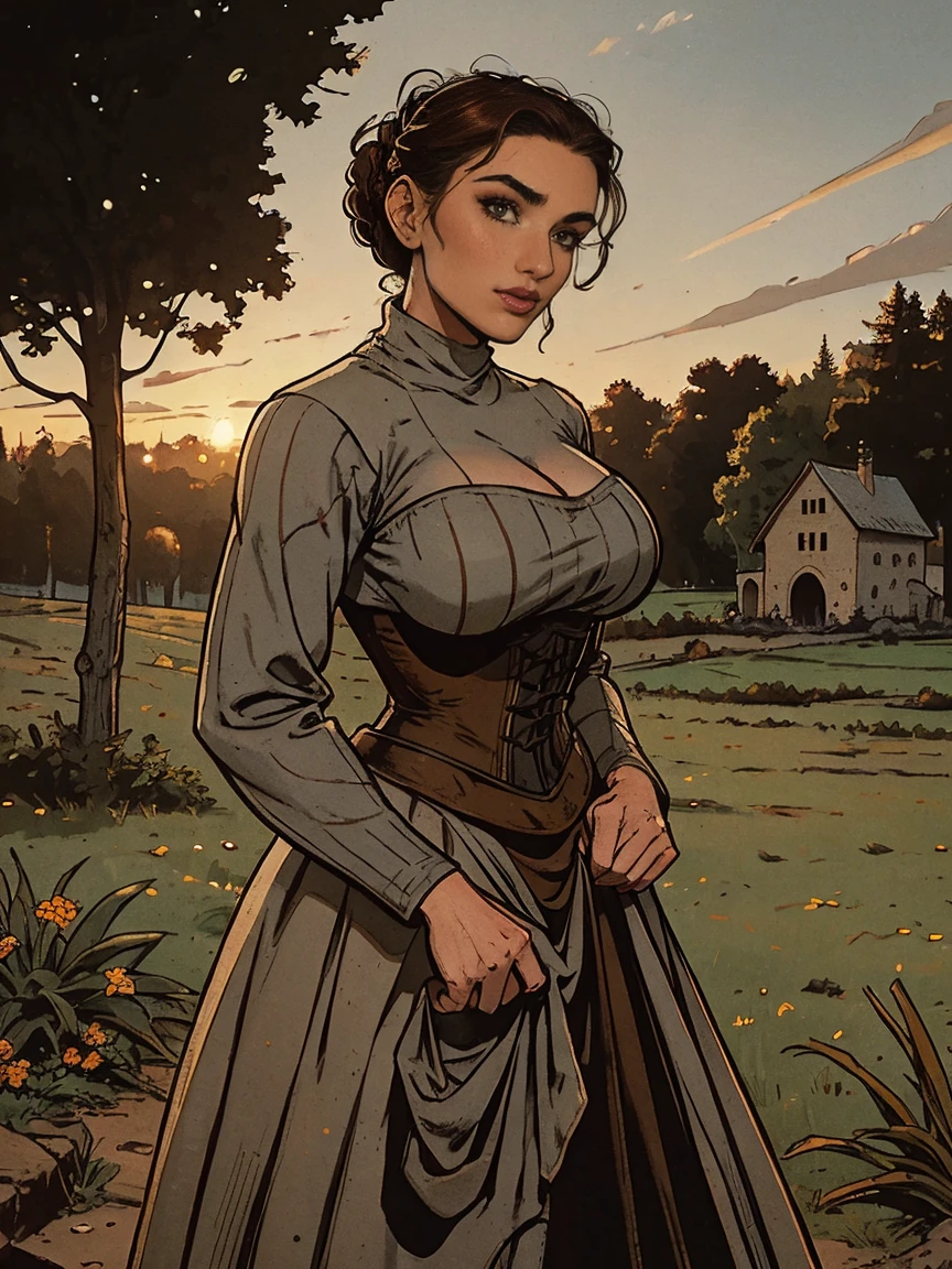 Gorgeous and sultry busty athletic (thin) brunette peasant with sharp facial features wearing a modest updo, medieval hair cover, rough-spun grey and brown medieval dress, long sleeves, wide neck, long dress, tight bodice, corset, Middle Ages, cottage, farm, exterior, trees, countryside, evening, sunset.