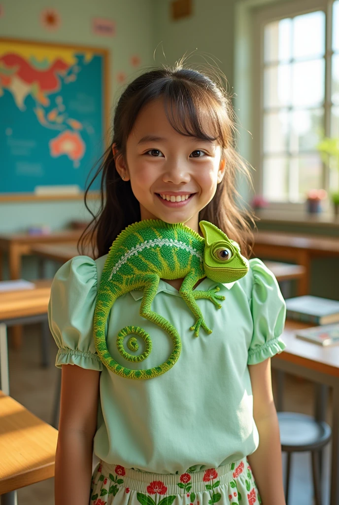 create an interclass blouse with the mascot being a green chameleon