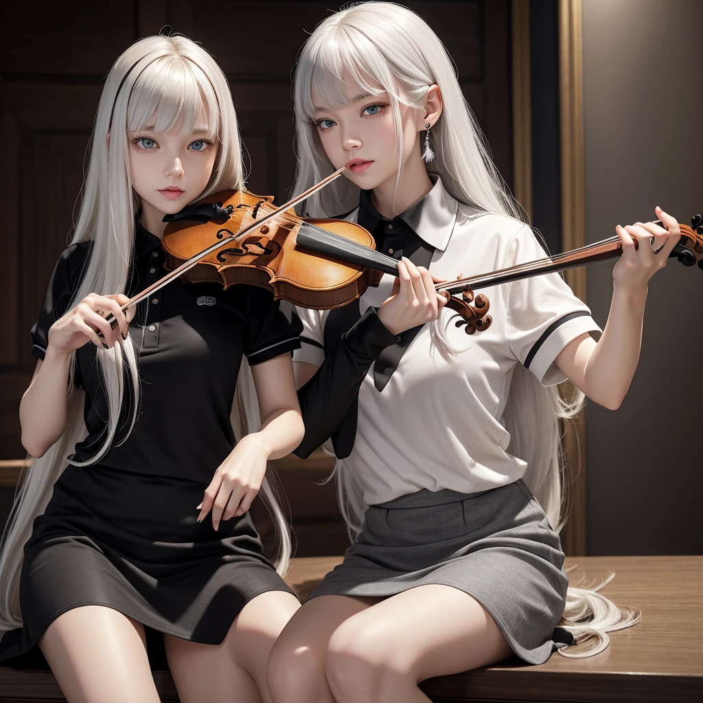 Hanna has long, straight platinum hair with fringe, stormy grey eyes and fair skin. Her lips are naturally reddish. She enjoys playing the violin. Hanna is often seen wearing a black short-sleeved polo shirt paired with a cream skirt and brown formal shoes, adorned with baroque pearl earrings.