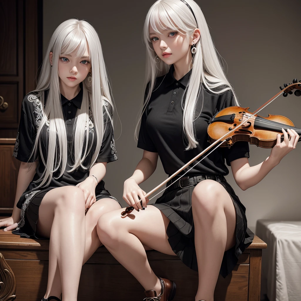 Hanna has long, straight platinum hair with fringe, stormy grey eyes and fair skin. Her lips are naturally reddish. She enjoys playing the violin. Hanna is often seen wearing a black short-sleeved polo shirt paired with a cream skirt and brown formal shoes, adorned with baroque pearl earrings.
