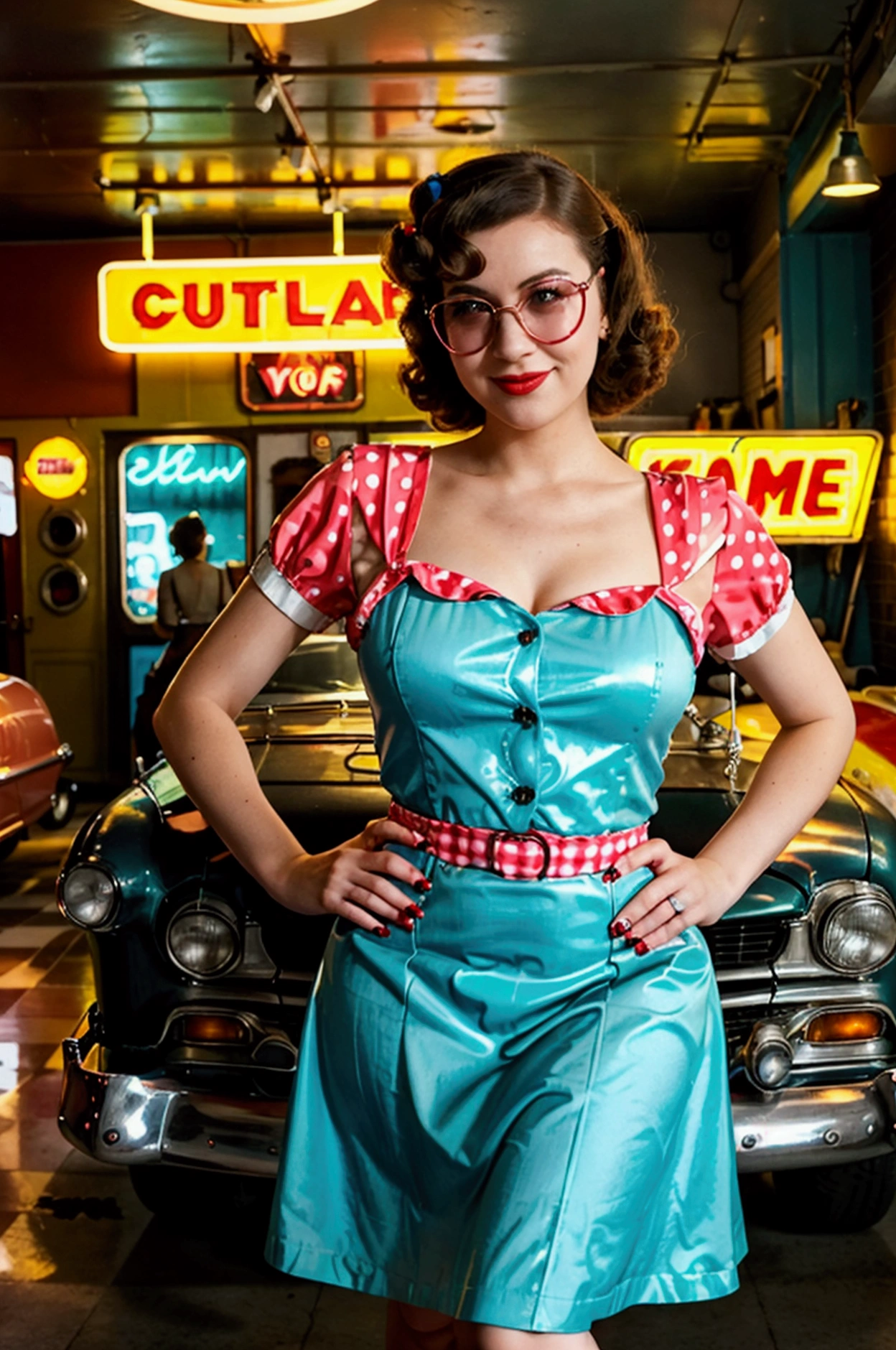 Prompt: Create a photorealistic image of Anna, 25 years old, posing next to a classic car in a retro-themed diner setting. She is wearing a polka dot dress with a flared skirt and cat-eye sunglasses. Her hair is styled in vintage curls, and she has a playful smile as she leans against the car with one hand on her hip. The scene is vibrant with neon signs, checkered floors, and a 1950s vibe, capturing the nostalgia of the era.