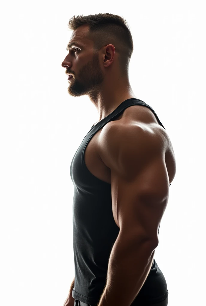 A man with a clean shave, brawny, wearing tank top, seen from the side on a white background.