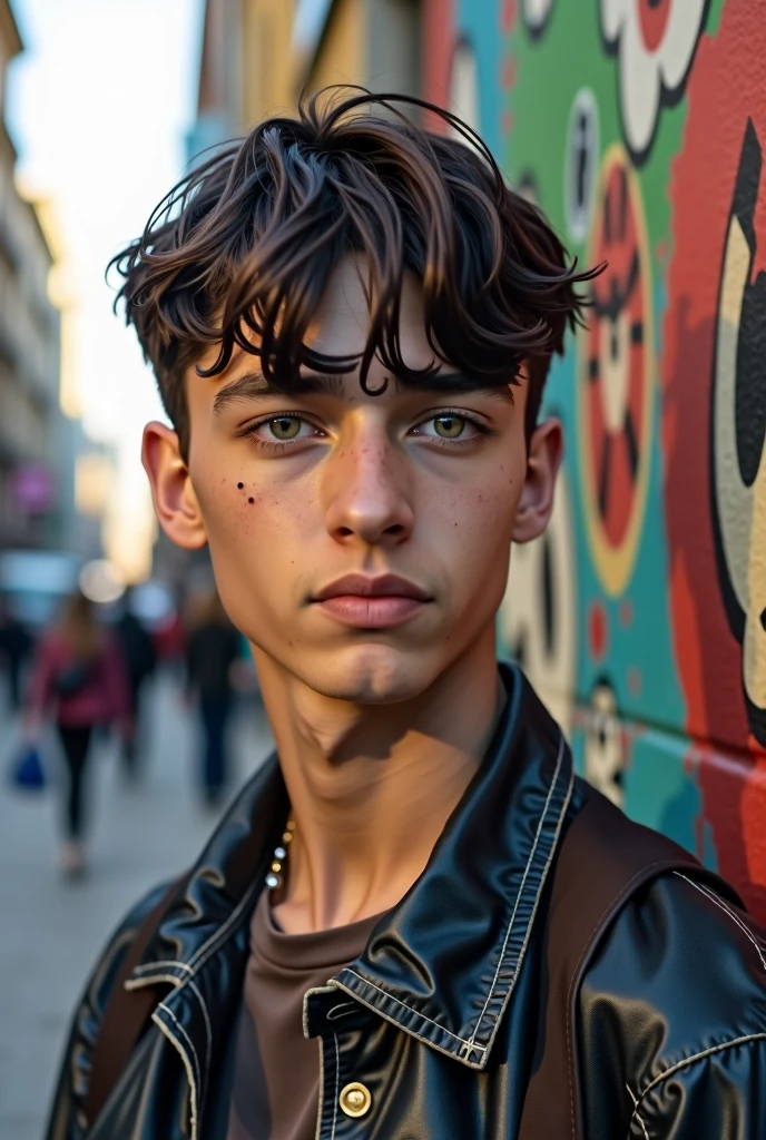 tall white man, with clear, slanted eyes, dark and bushy eyebrows, about 19 years old, short haircuts for straight dark brown hair,disheveled, facial moles not so marked, no facial hair, is not asian, thin lips, is a real human being, green eyes