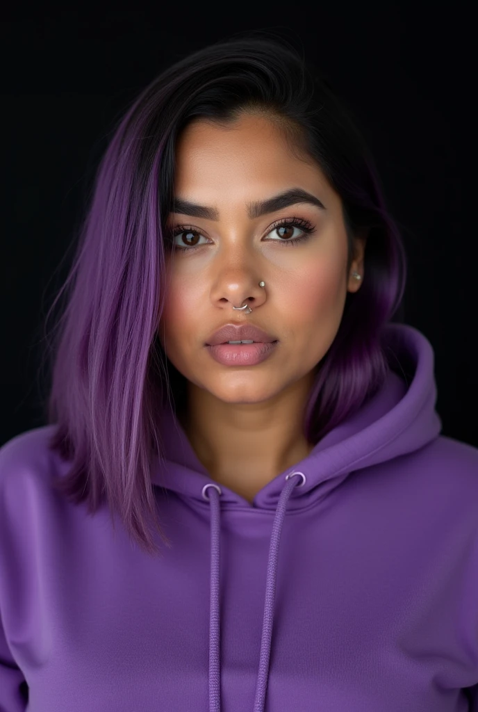 Drawing Brazilian woman plus size fair skin, Round face, side parted hair shoulder length straight purple, wearing purple hoodie, light brown eyes, piercing in the septum and above the lips, black backdrop