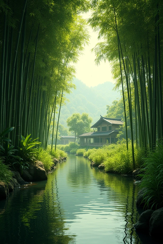 a lush, verdant bamboo forest in the Vietnamese countryside, sunlight filtering through the bamboo stalks, dense foliage, peaceful atmosphere, serene landscape, dramatic shadows, natural textures, tranquil pond, traditional Vietnamese architecture in the distance, idyllic rural scene, photorealistic, 8k, highly detailed, cinematic lighting, warm color palette