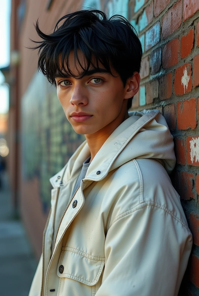 He was a realistic boy with American features of 18, very light skin, black hair and gray eyes., His white jacket is soaked and reveals his muscular body.,