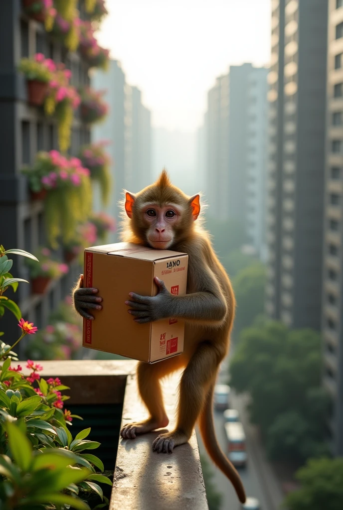A monkey with a big parcel box waiting to deliver the parcel to a flat balcony in noida make it realistic
