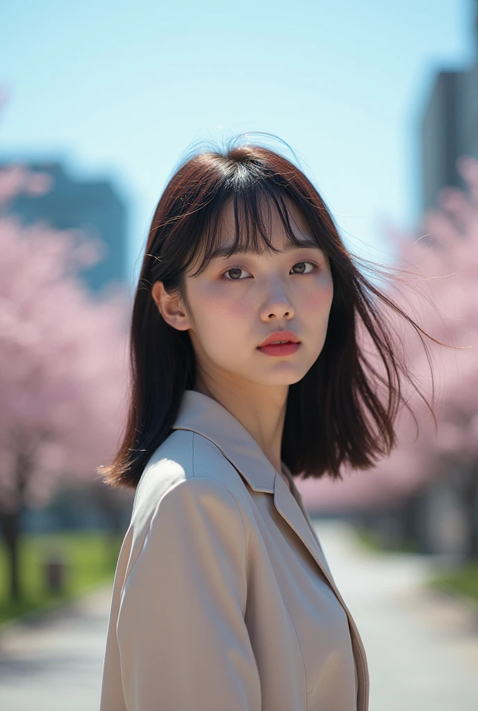 A Korean woman with bangs and medium hair with a thin face that looks like Yeojin that looks real