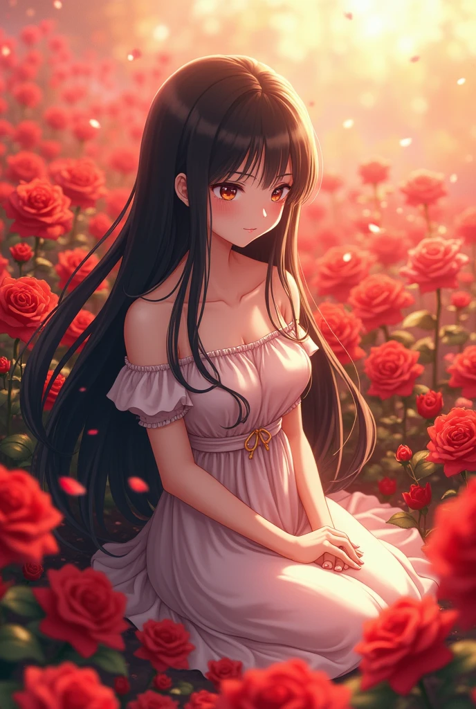 An anime image showing a girl with black hair sleeping on roses.