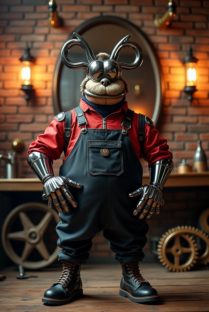 a mascot for barbershop brand. Color brand is black and red. Style is inđustrial sytle, mechanic