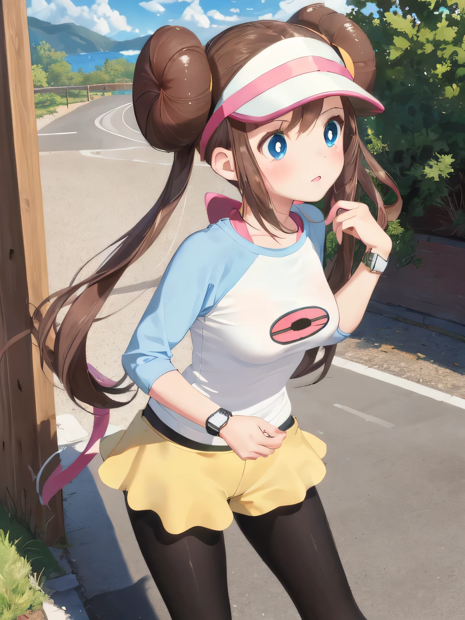masterpiece, best quality, mackerel, Ro1, hair bun, blue eyes, twin tail, Visor cap, pantyhose, Raglan sleeves, yellow shorts, shirt, pink bow, watch, standing, lean forward, gym, Pokemon mei, pokemon Pink, Pink, HDR, Super cute, very beautiful,beautiful background,realistic background,realistic photo,Very detailed