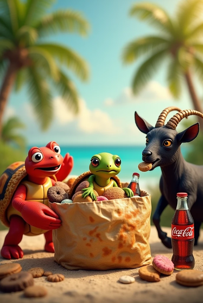 A Venezuelan Creole empanada , A turtle, A crab and a black goat eating cookies in a bag, with Coca Cola soda