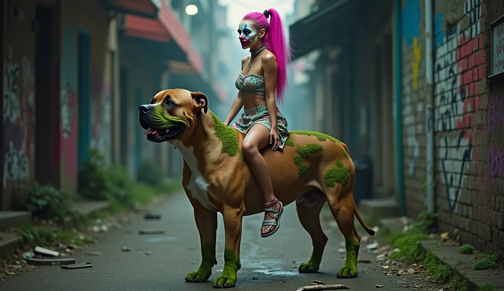unreal woman with pink ponytail and clown makeup riding Japanese pit bull terrier, 20s, moss growing on skin, disgusting, dirty