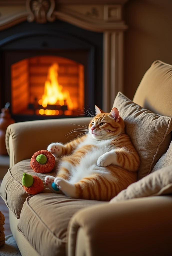 around lot of foods A cozy living room with a soft couch and a fireplace crackling in the background. The chubby tummy cat, with a round belly and a contented smile, lies on its back on the couch, lazily batting at a toy. The room exudes warmth and comfort.