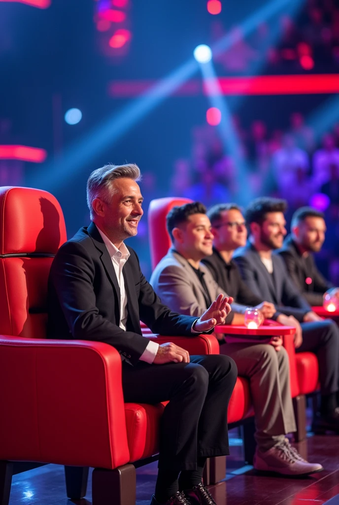 The voice kids with 4 coaches Patrick Fiori Slimane Kendji girac Claudio Capéo in their red armchair and Claudio presses the red buzzer 
