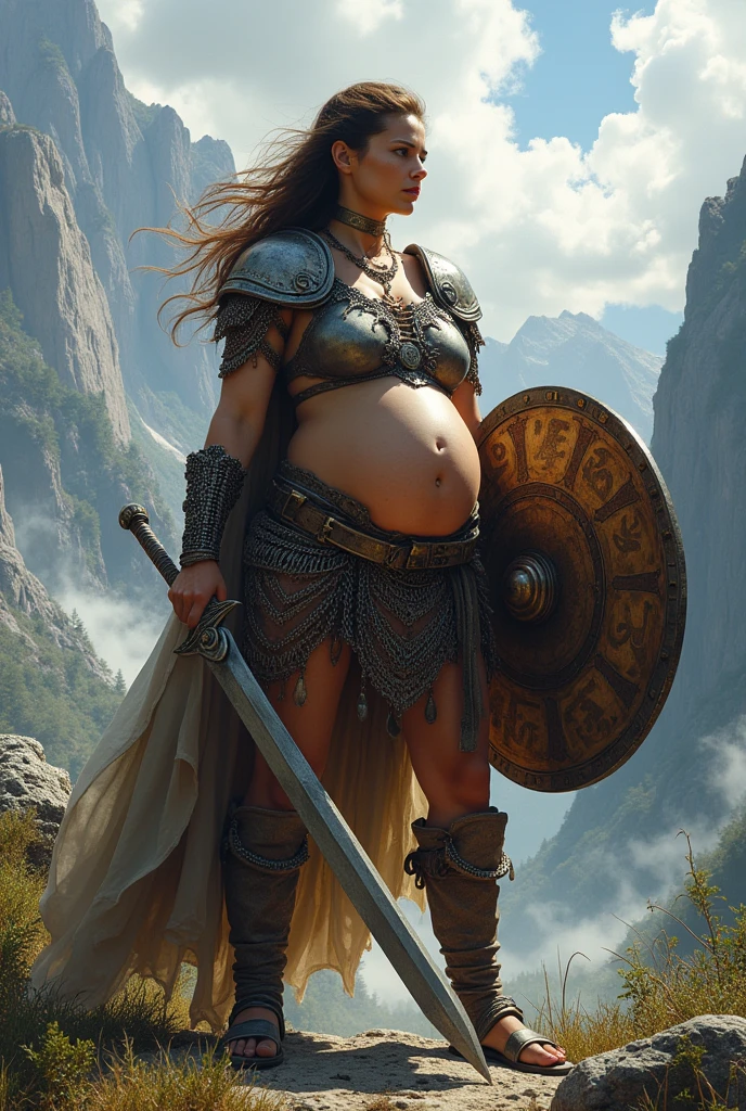 pregnant woman chain mail barbarian advanture big tits sword and shield