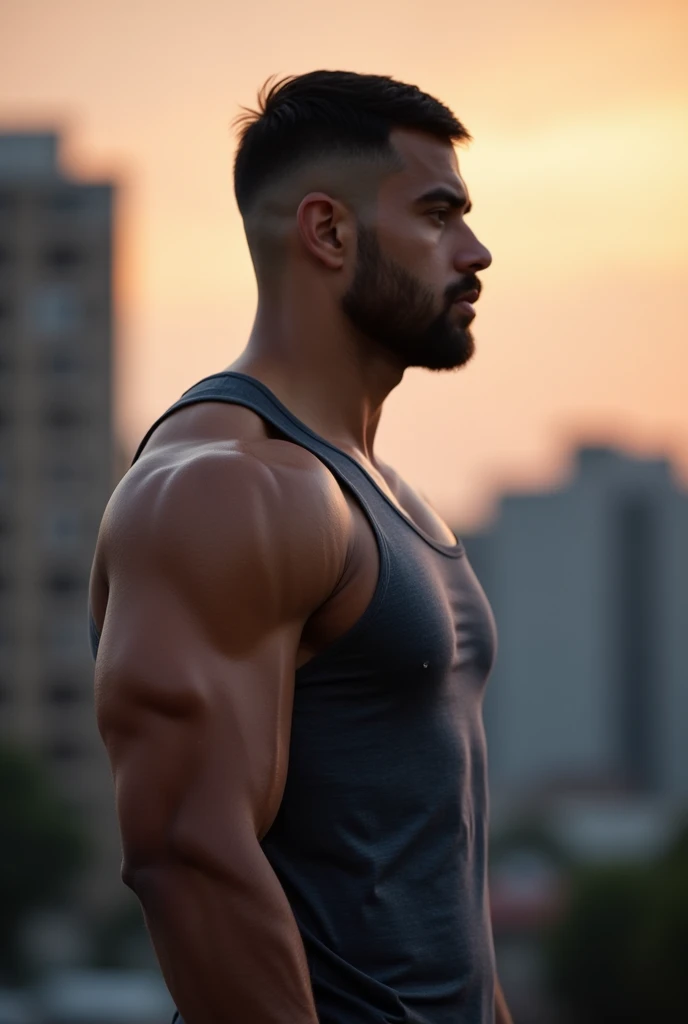 A man with a clean shave, brawny, wearing tank top, seen from side.