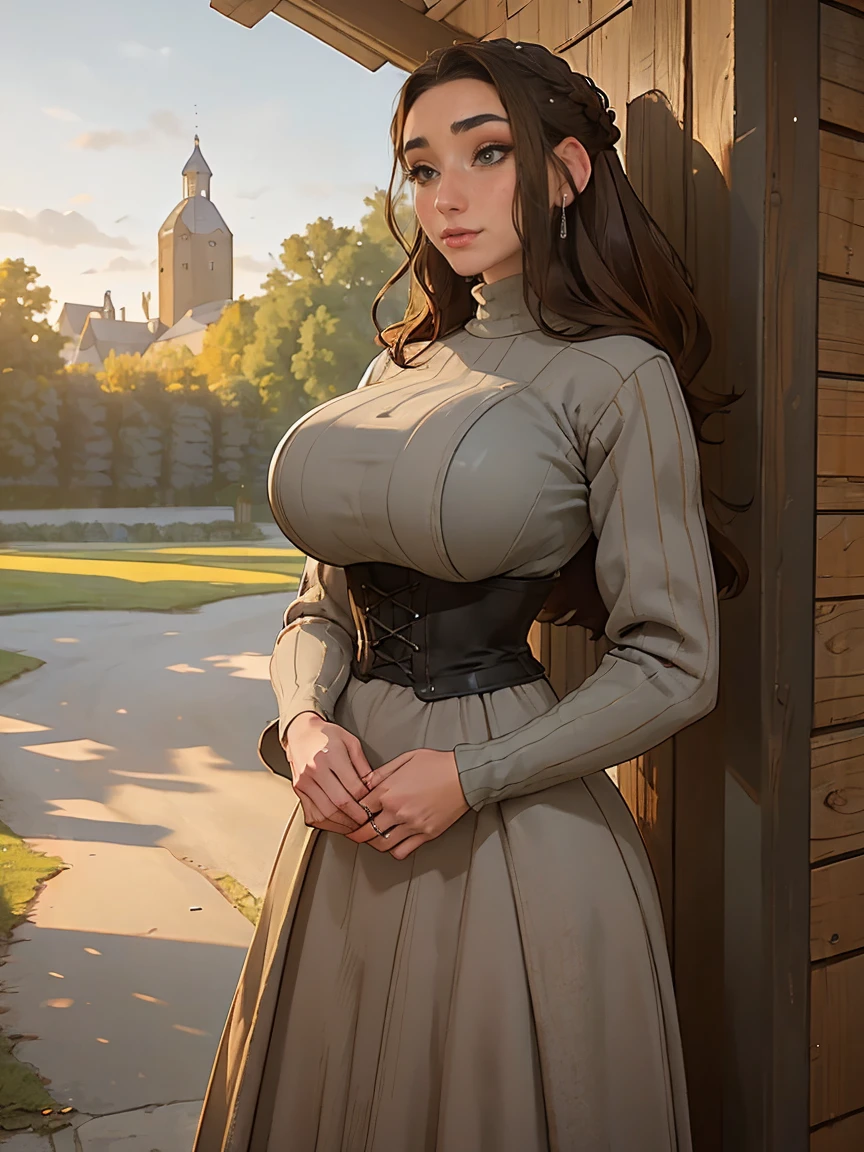 Gorgeous and sultry busty athletic (thin) brunette peasant with sharp facial features wearing a modest updo, medieval hair cover, rough-spun grey and brown medieval dress, long sleeves, wide neck, long dress, tight bodice, corset, Middle Ages, cottage, farm, exterior, trees, countryside, evening, sunset.