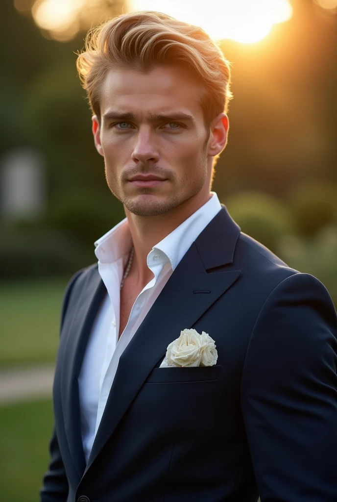 create a white man with beautiful blue eyes with blonde hair with old money style looking hot and is about 22 years old with muscles and looks in his  masculine aura and looks kind of like damian hundburg an actor who plays james beaufort 