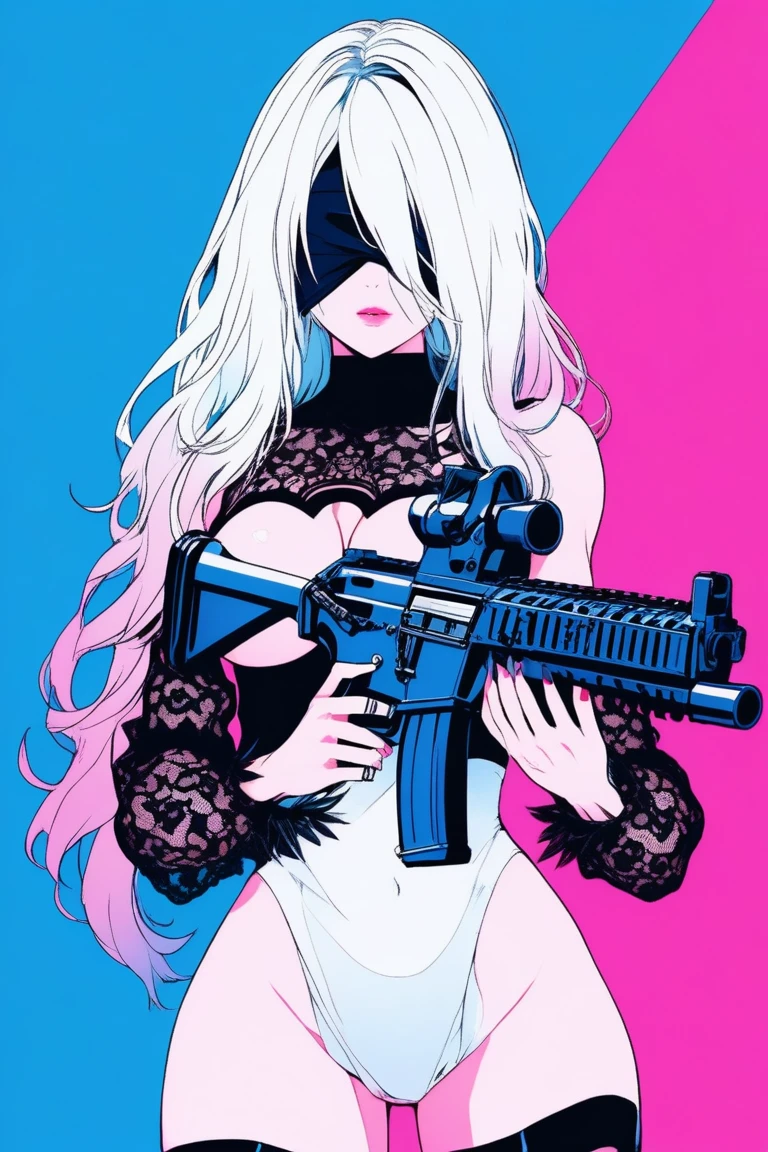 
Illustrator, アニメ , Realistic ,sketch , 1 person, model, lip, A translucent gothic white mini dress with lots of lace, blindfold, eye covered, black blindfold, Has a machine gun, Order, Blue and pink gradient background, Neon colored long hair, Big Breasts,Upper Body, Sexy look, Sexy pose, Texture Trim, Russia, (masterpiece,Highest quality)