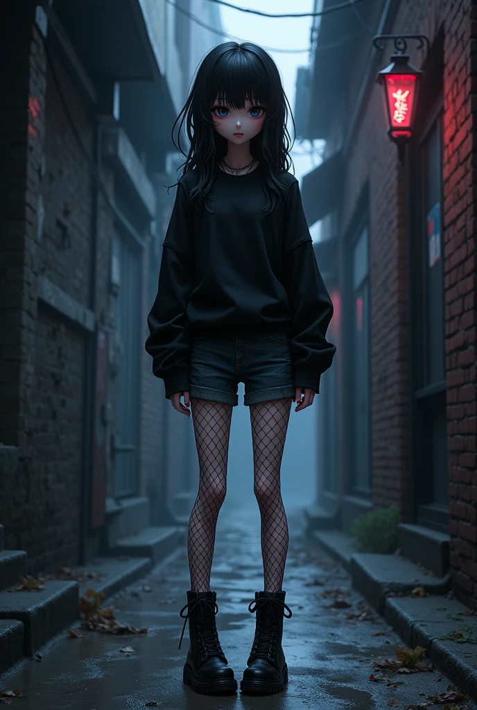 gothic anime girl, jet black hair, a fringe of hair that completely covers her eyes. black sweatshirt, grey messenger bag, short negros, black fishnet stockings, black tactical boots