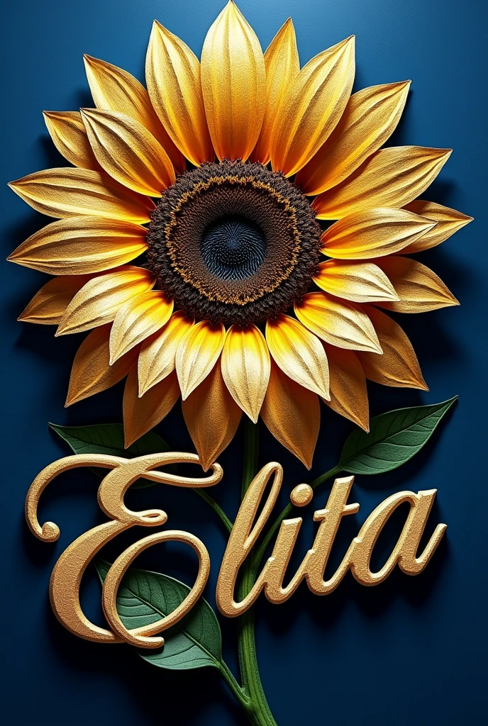 Sign with the word Elita in cursive letters in metallic gold color, on a large metallic gold monochrome sunflower on a blue background