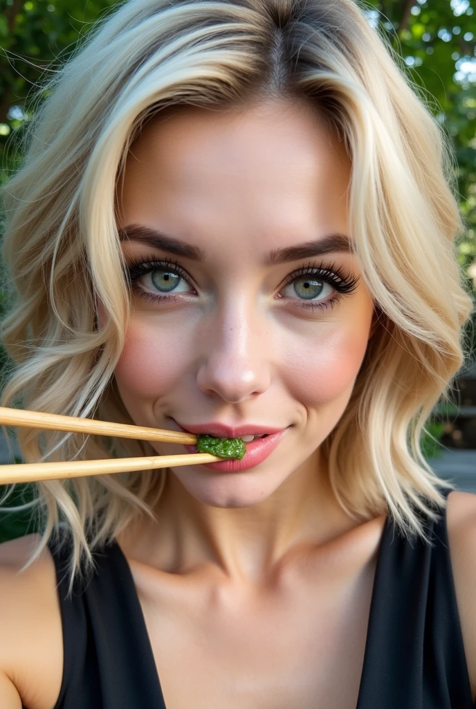 A 24 years old blonde woman eating sushis, with a close-up on the perfect lines of her middle sized breasts and her thicc thighs, the luxury of the surrounding setting enhancing her allure.