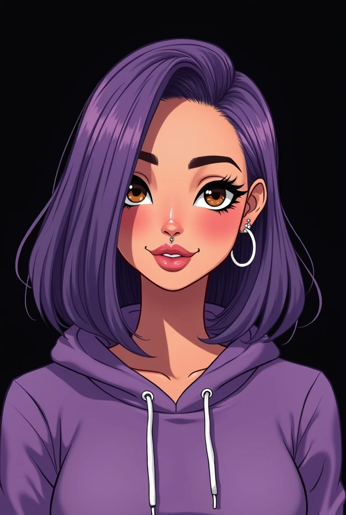 Drawing of a chubby Brazilian woman with fair skin, Round face, side parted hair shoulder length straight purple, wearing purple hoodie, light brown eyes, piercing in the septum and above the lips, black backdrop