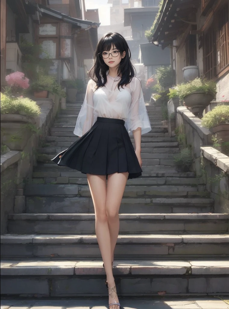 High quality realistic people photo, young Japanese beauty, detailed background, detailed body, realistic, full body view, 1 girl solo, glasses, blush, stone brick staircase, straight black hair, bangs, big , white see-through tube top Revealing deep cleavage, exposing her waist and navel, wearing a low-waisted miniskirt with high slits, exposing her thighs to the root, she sat down and wore strappy stiletto heels.