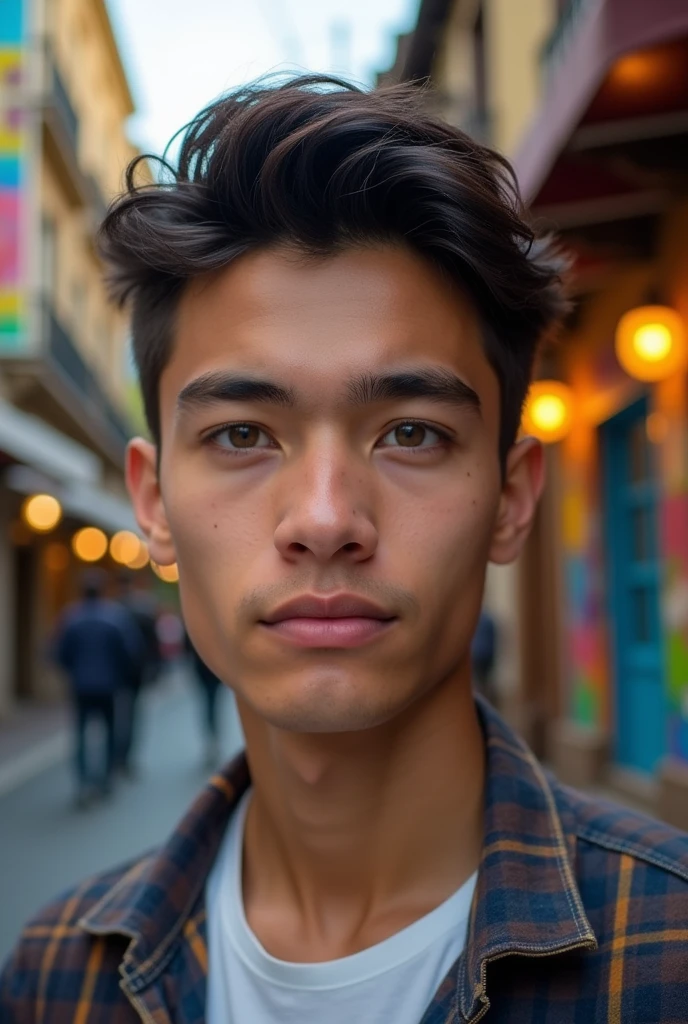 tall white man, with clear, slanted eyes, dark and bushy eyebrows, about 19 years old, short haircuts for straight dark brown hair,disheveled, facial moles not so marked, no facial hair, is not asian, thin lips, is a real human being, green eyes, Argentine traits